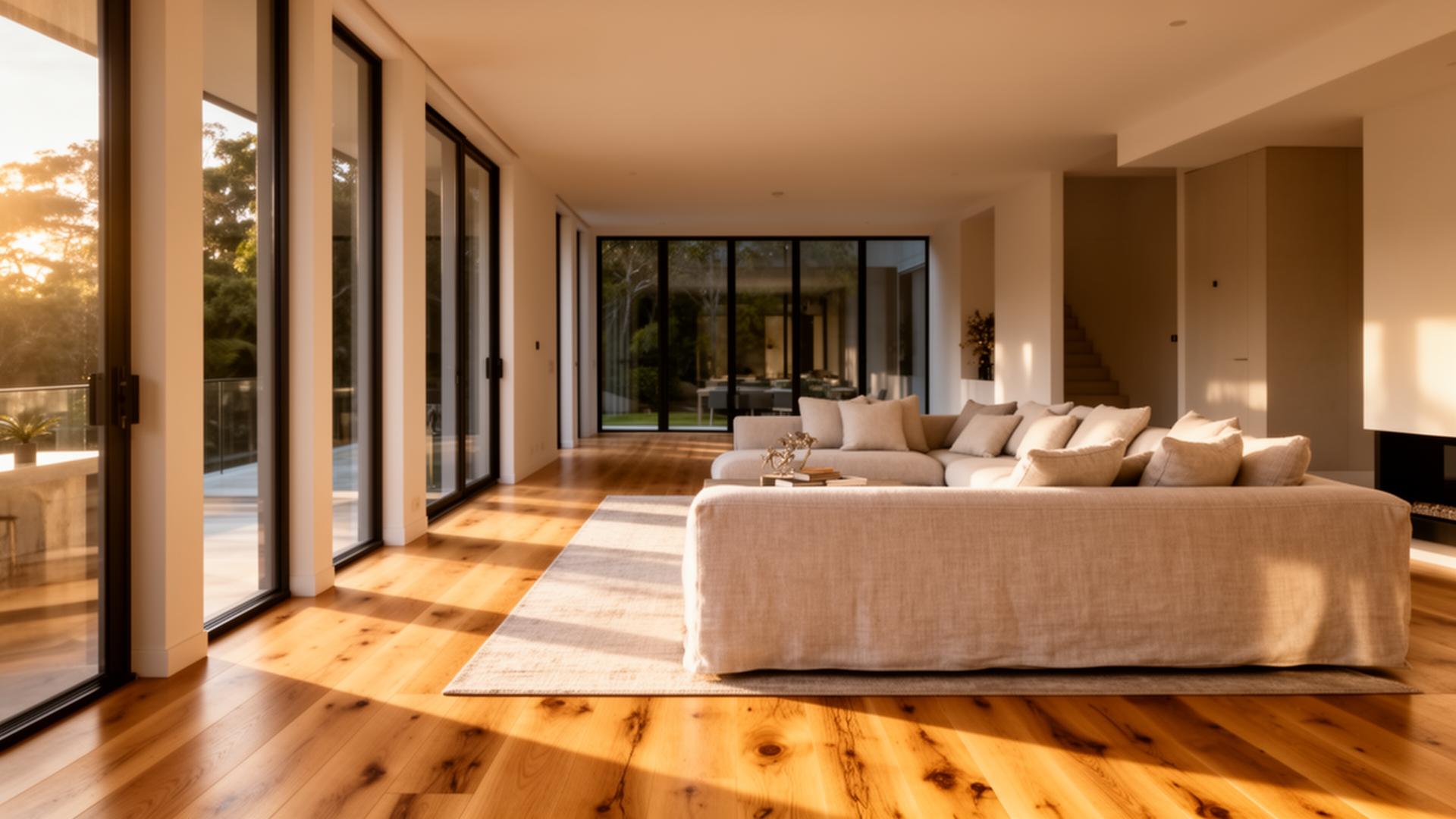 Luxury Sydney living room with wide-plank European oak timber flooring